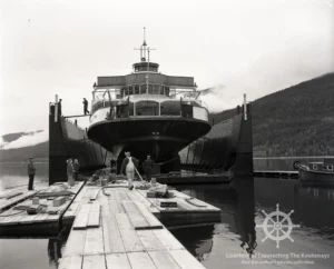 The Anscomb in the Department of Highways new dry dock at Sunshine Bay, west of Balfour. Photograph courtesy of the Nelson Museum, Archives & Gallery.