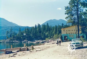 The two-storey log structure K’Niksu (also spelled Kaniksu) Lodge at the Kootenay Bay ferry terminal.