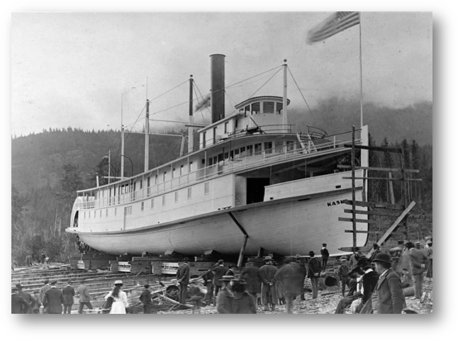 The Kaslo on the launching ways at Mirror Lake moments before sliding down into the water.