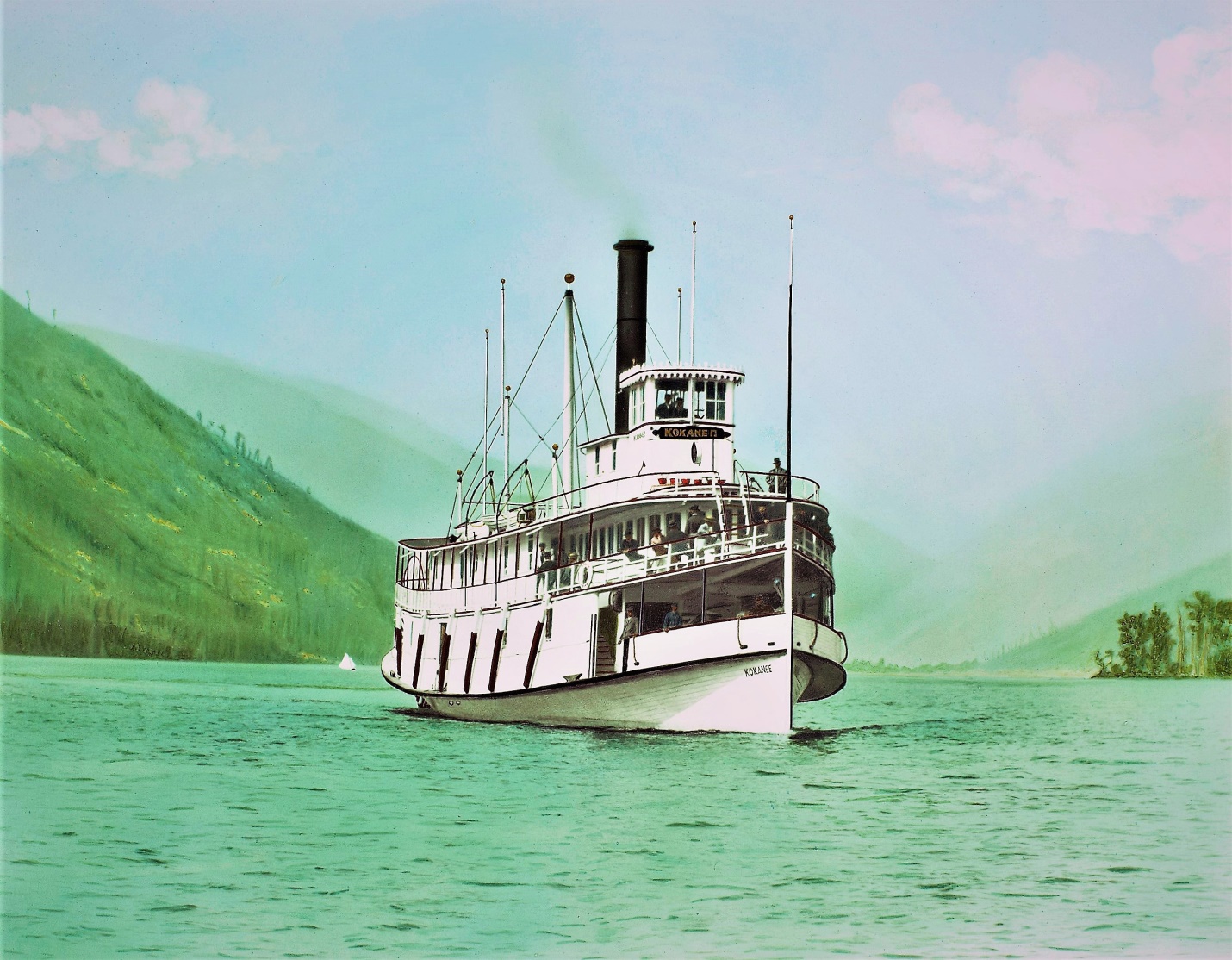 The Kokanee approaching the Nelson City wharf –circa 1896.